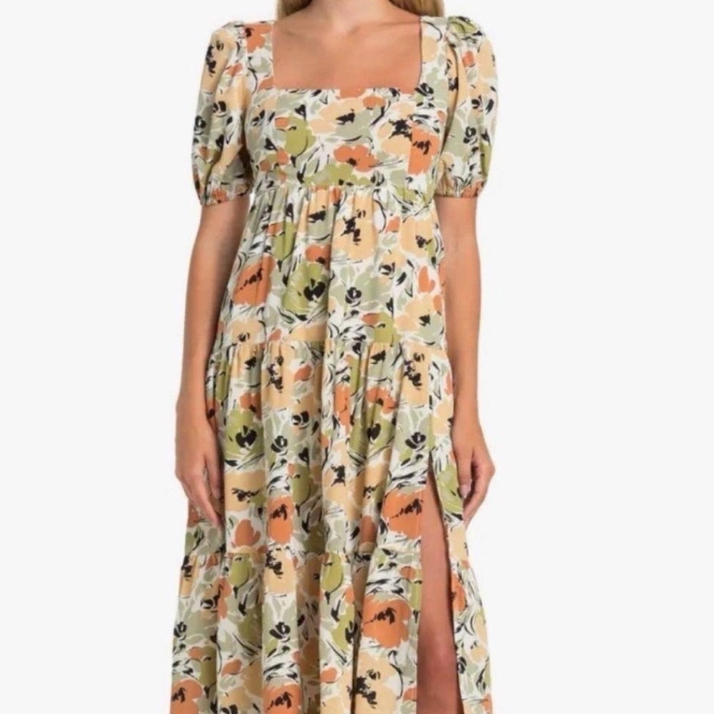 ASTR Floral Puff Sleeve Midi Dress | Pockets | Square Neck | M
